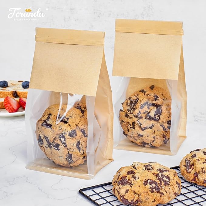 50 Pack Cookie Packaging Bags, 3.9x3.1x8.2 Inches Small Bakery Bags with Window Tin Tie Tab Lock Resealable Paper Treat Bag for Baked Goods Gift Giving and Bake Sale | Thick Material, Grease Resistant, Self Standing