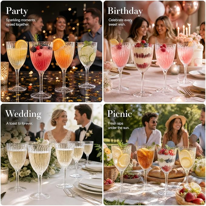 WDF 36PCS Clear Plastic Wine Glasses - 8 OZ Stemmed Clear Plastic Cups - Disposable Wine Glasses for Wedding/Birthday/Parties/Poolside/Outdoors/Toasts