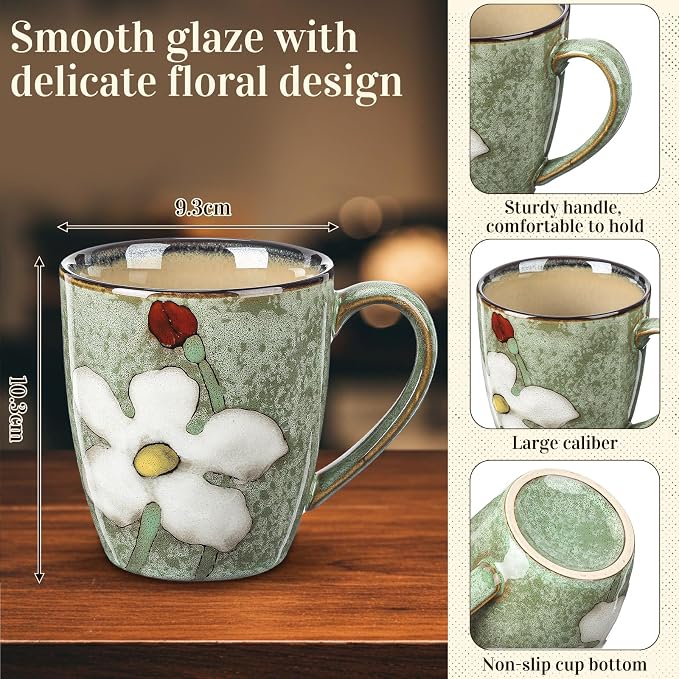 Maxdot 1 Pcs 12oz Ceramic Coffee Mugs Sets Glazing Process Cappuccino Mug Floral Ceramic Tea Cups Idea Gift Set for Women Porcelain Cup for Coffee, Cocoa, Tea, Latte (Retro) (Fresh)