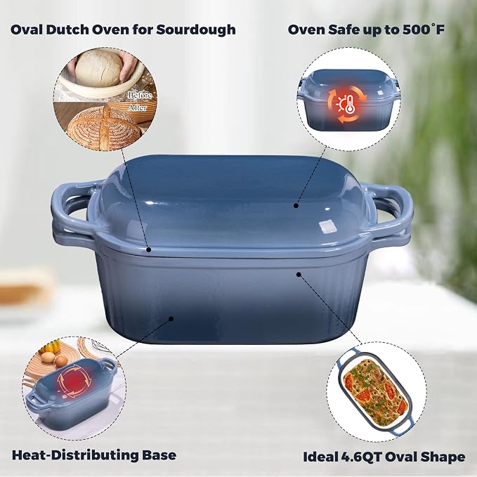 4.6 Quart Dutch Oven for Sourdough Bread Baking, Combo Oval Enameled Cast Iron Bread Pan with Lid, Bread Dutch Oven for a Crispy Crust, Seasalt