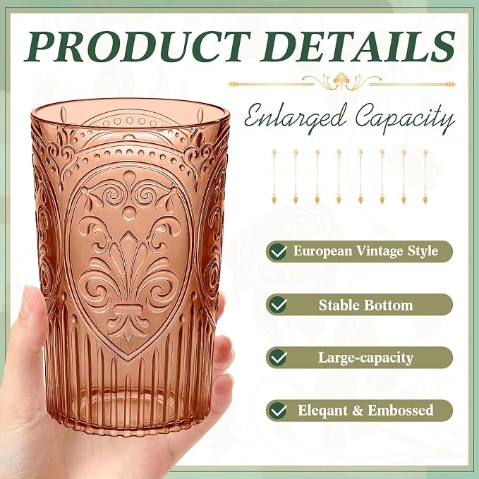 48 Pcs 16 oz Plastic Vintage Drinking Glasses Stemless Ribbed Highball Glasses Bulk Embossed Reusable Cup for Water Beer Cocktails Juice Wedding Bridal Shower Birthday Event Party (Mixed)