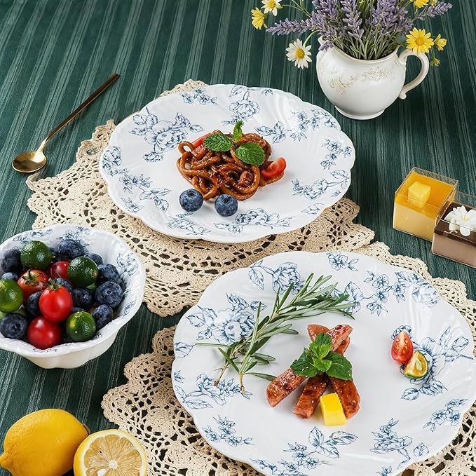 Ceramic Dinnerware Set 12-Piece Scalloped Edge Dish Set for 4 Vintage Floral Elegant Kitchen Dinner Plates Bowls for Daily Use & Party Microwave & Dishwasher Safe