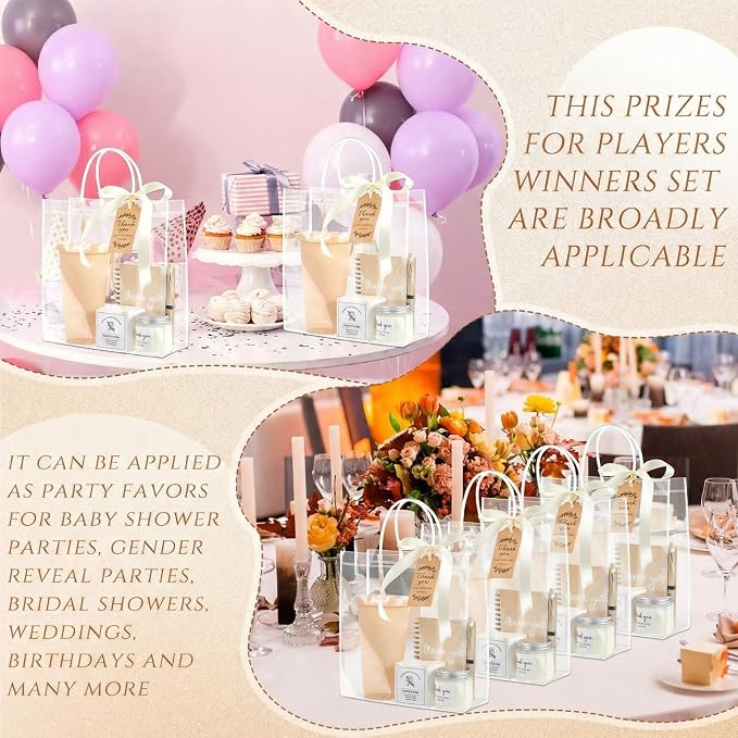 Nuogo 6 Sets New Parent Shower Prizes for Player Winners Adult, Wedding Bridal Shower Gift, Plastic Tumbler Notebook Scented Candle Ballpoint Pen Bag (Neutral,Classic Style)