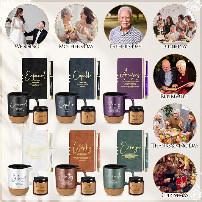 FillTouch 6 Set Christian Gifts for Women Men 15 oz Ceramic Bible Verses Coffee Mug A6 Leather Journal with Pen and Scented Candle Religious Gift for Pastor Church Sunday School(Classic Color)