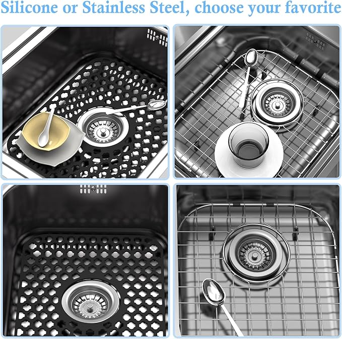 Silicone Sink Protector for Kitchen Bathroom Sink, 2 Pack 13.58"x 11.6" Heat-resistant Mat, Non-Slip and Durable Silicone Protectors, Center Drain (Black)