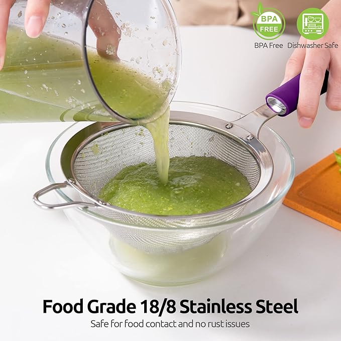 U-Taste 10 Piece Measuring Cups and Spoons Set in 18/8 Stainless Steel, and 18/8 Stainless Steel 5.5 inch 30 Mesh Strainer (Purple)