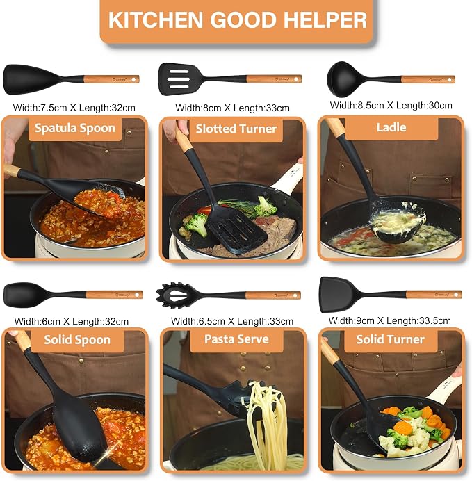 Large Silicone Kitchen Utensils Set with Holder, 25Pcs Cooking Utensil Set with Wooden Handle, Heat Resistant Spatula Sets for Cooking, BPA Free Silicone Utensils Set for Non-Stick Cookware(Black)