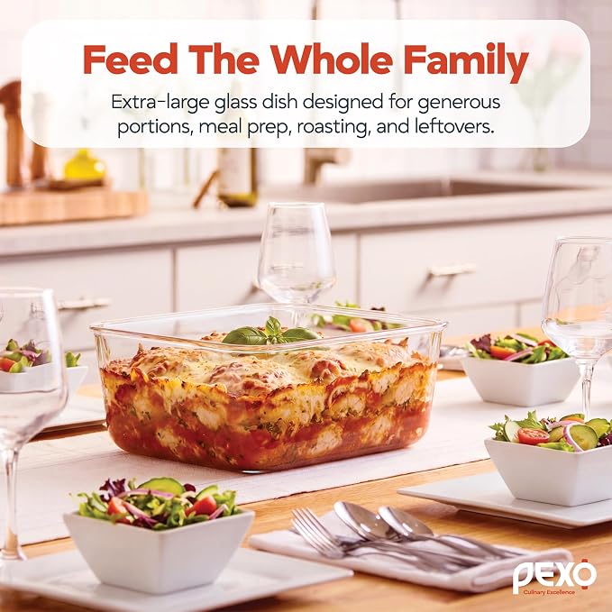 Pexo 6600 ML / 230 oz / 28 Cup Extra Large Glass Food Storage Container with Stainless Steel Rack for Broiling, with Airtight Locking Lid, Clear Jumbo Size, Ideal Storing food, Vegetables, Fruits. Baking Casserole, Lasagna, Roasting Turkey, Chicken BPA...