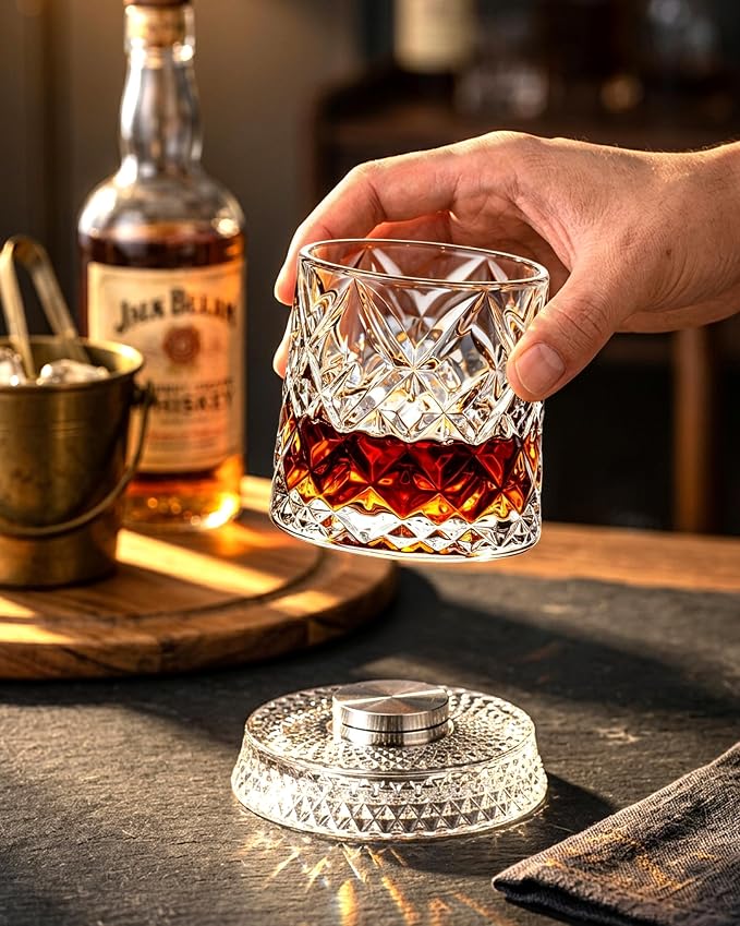 CEEFU Old Fashioned Whiskey Glasses with 360° Rotating Base, Set of 2 (2 Crystal Glasses Set, 2 Big Ice Ball Molds) In Gift Box - Bourbon, Cocktail, Rocks, Bday Gifts Ideas for Men, Ice Crackle