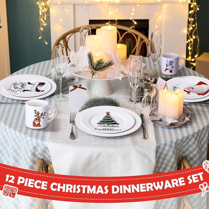12 Piece Christmas Melamine Dinnerware Set for 4 Guest, 10" Dinner Plates, 8" Salad Plates, 9 oz Mug Shatterproof Xmas Dishes Gift for Home Party Festive Holiday Celebrations