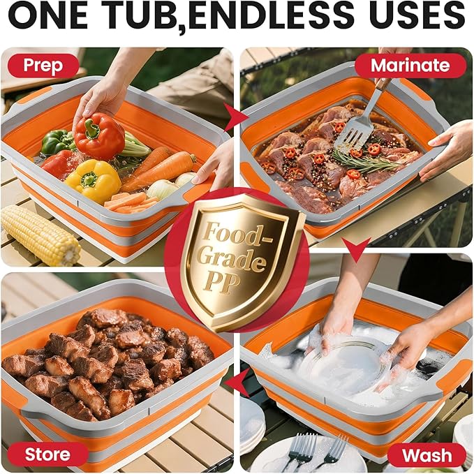 BBQ Prep Tub 3-IN-1 Large 30L Collapsible Cutting Board with Locking Lid for Meal Prep Marinating Food, Camping Sink with Colander, Dish Basin, Storage Blanket for Camping Picnic BBQ, Orange