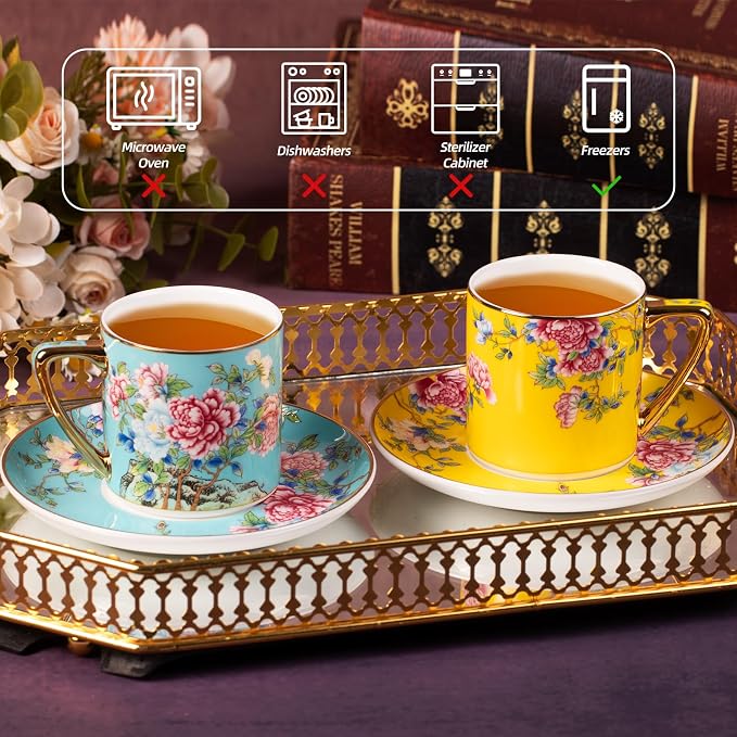 KAMMAK Tea Cups and Saucers Set of 2, Porcelain Coffee Cups, 7.5oz Stackable Espresso Mugs, Ceramic Demitasse for Coffee, Latte, Americano, Tea (633N+634N)