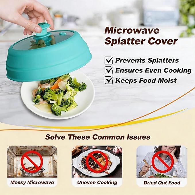 Microwave Splatter Cover - 9.8" Glass Lid with Collapsible Silicone Rim, Universal Pot & Plate Cover for Mess-Free Heating (Blue, 9.8inch)