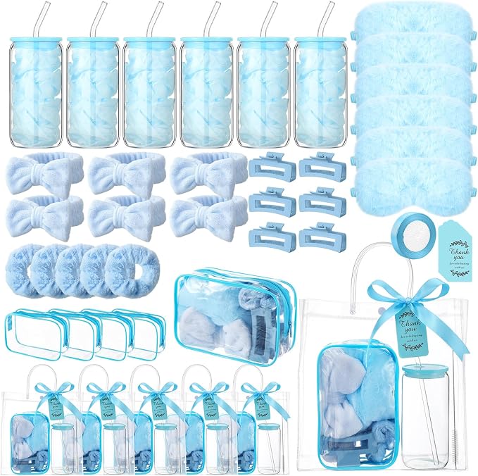 48 Pcs/6 Sets Baby Shower Prizes Winners Include Glass Cans Spa Headband Plush Sleep Eye Mask Hair Claw Clips Clear Cosmetic Bags Baby Shower Player Winner Gifts Bridal Game Gifts(Blue)
