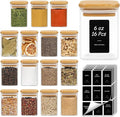 ComSaf 16Pcs Spice Jars with Labels, Glass Jar with Bamboo Lid, 6oz Airtight Square Containers with Black Lables, Empty Seasoning Jars for Spice, Salt, Pepper, Sugar