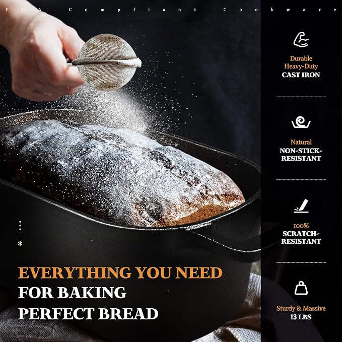 Cast Iron Sourdough Loaf Pan with Lid, Oval Dutch Oven for Bread Baking, Pre-Seasoned Sourdough Baking Supplies Kit, Cast Iron Dutch Oven for Homemade Bread, Sourdough Bread Pan