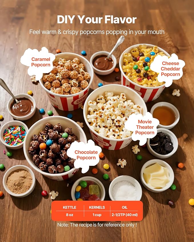 VEVOR Popcorn Machine, 8oz Stainless Steel Kettle, 800W Commercial Countertop Popcorn Maker, 48 Cups per Batch Theater Style Popper, with 2-Button Control Glass Wall PC Door 1 Scoop 3 Spoons, Black