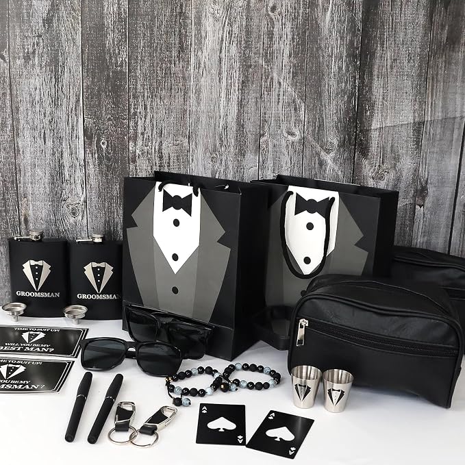 Set 2 Groomsmen Proposal Gifts - Groomsmen Gift Boxes with Leather Bag，Tuxedo Flask, Funnel，Shot Glasse，Poker Card Bottle Openers, Sunglasses, Pen，Bracelet, Card & Gift Bags for Wedding Party