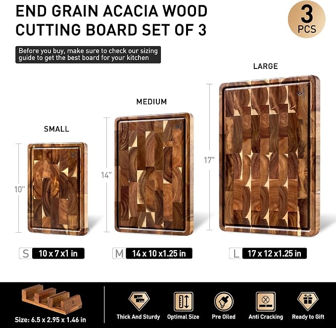 End Grain Cutting Board Set of 3 with Non-slip Feet, Reversible Acacia Wood Cutting Boards for Kitchen with Juice Grooves and Handles Non Toxic Chopping Board Butcher Block Serving Tray Kitchen Sets