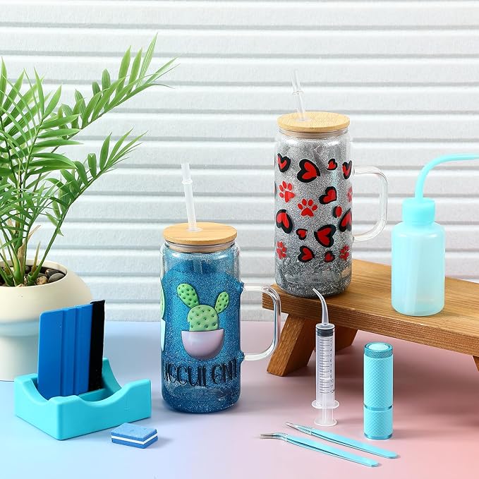 Baderke 20 Pcs Snow Globe Tumbler DIY Kit 16 oz Tumbler Squeeze Bottle, Glitter, Funnel Tweezer Silicone Cup Cradle Measuring Cup Glove Flashlight Buffer for Beginner(Blue,Special)