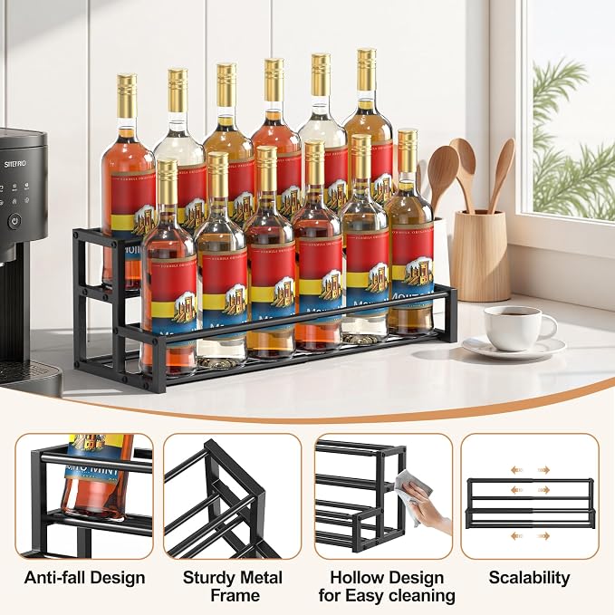Expandable Coffee Syrup Organizer, Heavy Duty Syrup Rack Enlarged 6-12 Bottles Syrup Stand for Coffee Bar Accessories, Width Adjustable Space-Saving Storage Coffee Rack for Syrup, Wine