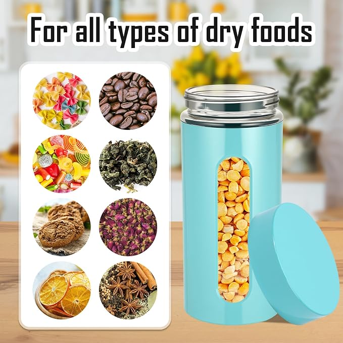 Patelai 6 Pack Kitchen Canisters Set Airtight Stainless Steel Canister Food Storage Container with Window Glass, Coffee Sugar Candy Jars Tea Organizer for Flour Cookies Spice(Turquoise,44 oz)