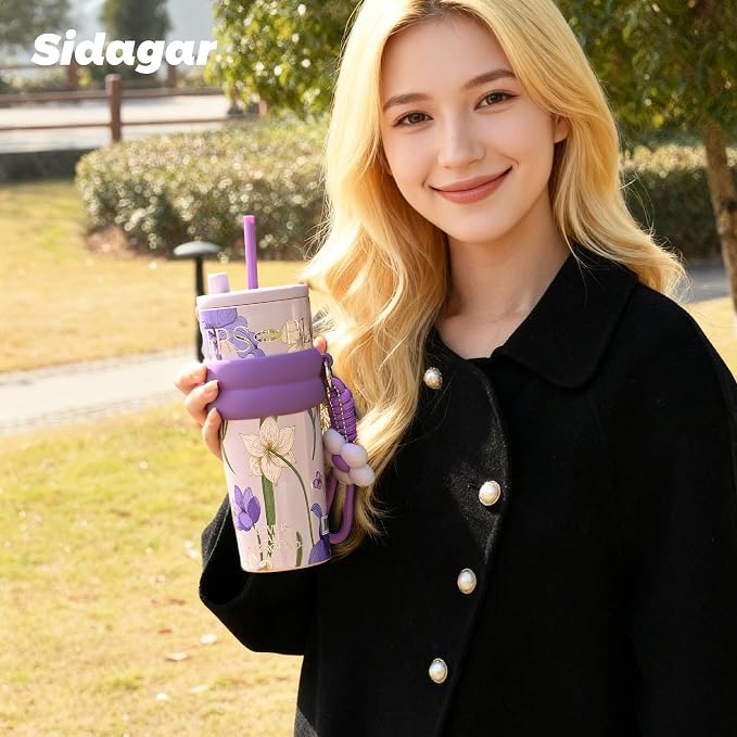 24 oz Stainless Steel Tumbler with Lid and Straw, Insulated Coffee Mug, Leak Proof, Portable Iced Travel Water Bottle, Reusable Thermal Coffee Cup, Floral Purple