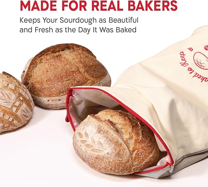 KNEADACE Reusable Bread Bags for Homemade Bread -Stylish Sourdough Bread Storage with Roll-Top Design, 100% Cotton & Food-Safe Lining, Freezer & Refrigerator Friendly, Gift for Bakers (Beige/Cream)