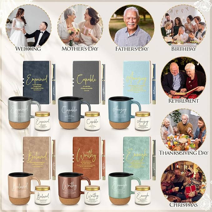 FillTouch 6 Set Christian Gifts for Women Men 15 oz Ceramic Bible Verses Coffee Mug A6 Leather Journal with Pen and Scented Candle Religious Gift for Pastor Church Sunday School(Vivid Color)