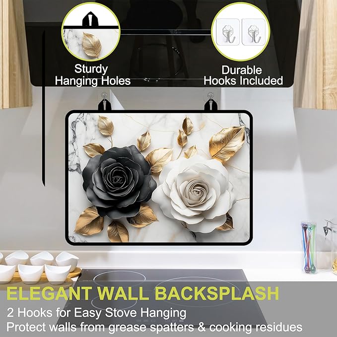 Glass stove top cover 28"x 20", Stove Top Covers for Electric Stove, Flat Range Mat for Glass Cooktop, Kitchen Heat-Resistant Protector Non-Slip Drying Mat (Black and White Roses)