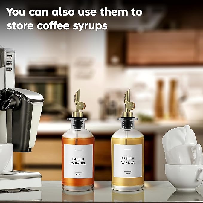 Spaceneat Oil Dispenser for Kitchen - Glass Olive Oil Bottle Set of 4 (11.8oz) with Gold Weighted Self-Closing Pourer - Cooking Oil Dispenser with 66 Labels, Aligner & Funnel