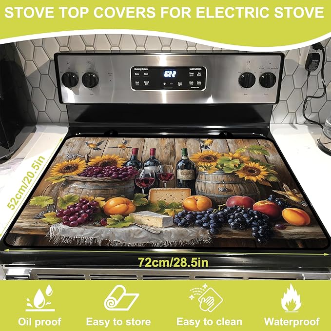 Glass Stove top Cover 28"x 20", Stove Top Covers for Electric Stove, Flat Range Mat for Glass Cooktop, Kitchen Heat-Resistant Protector Non-Slip Drying Mat (Fruits and Sunflower)
