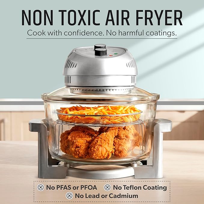 Granitestone 16Qt Large Glass Air Fryer Non Toxic – Family Sized Airfyrer Cooker with 3 Cooking Sections, Stainless Steel Racks, for French Fries, Chicken, No Preheat, Self Cleaning, Dishwasher Safe