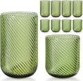 Set of 8 Ribbed Glassware,4 Highball Glasses 14oz & 4 Rocks Drinking Glasses 9oz, Origami Style, Fluted Design, for Milk, Water, Cocktail, Juice, Beer, ToothBrush Cup, Gif (Leaning Green)