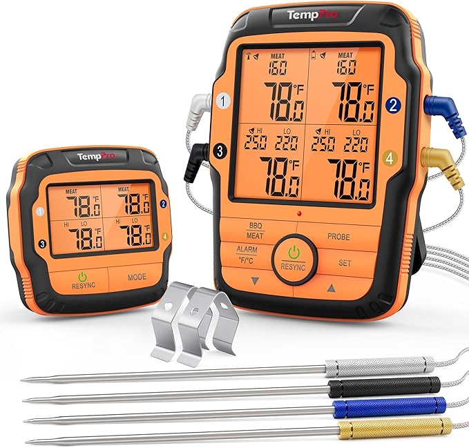 TempPro TP27 500FT Wireless Meat Thermometer for Grilling and Smoking with 4 Probes BBQ Kitchen Food Cooking Digital Thermometer for Meat Turkey Cooking Gift for Dad Him Husband (Previously ThermoPro)