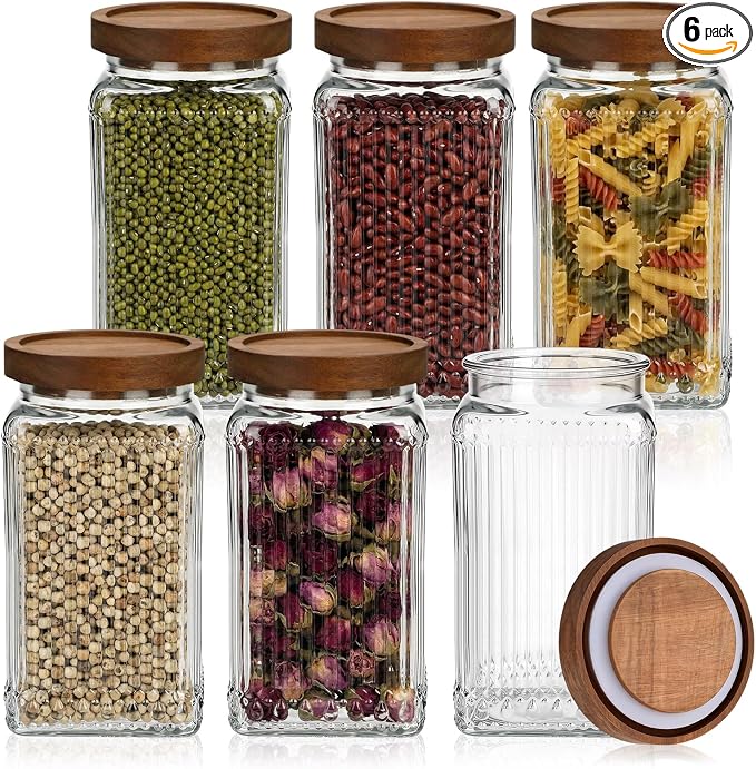 6 Pcs Vintage Glass Storage Jar with Lid 34 oz Glass Containers Stylish Ribbed Pattern Airtight Kitchen Jars Candy Jar for Food Cookies Candy Coffee Tea Beans Grains Storage