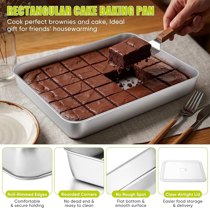 E-far Lasagna Pan with Lid, Stainless Steel Rectangular Cake Baking Pan with Cover, 12⅓x9¾x2 Inch Metal Bakeware Brownie Casserole Oven Tray Sheet, Deep Side & Heavy Duty, Anti-Rust & Dishwasher Safe