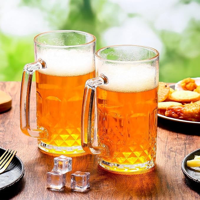 Reallnaive 10 Pack 32 oz Beer Mugs for Oktoberfest Freezer Glass Beer with Handles Mugs Steins German Large Heavy Cups for Men Drinking Gifts (Diamond Style)