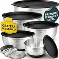 Baker's Signature Stainless Steel Mixing Bowls with Lids Set, 5 Sizes, 3 Graters, Non-Slip Base, Airtight Lids, Metal Mixing Bowls for Kitchen, Food Prep, Storage, 0.63QT-5QT, Black