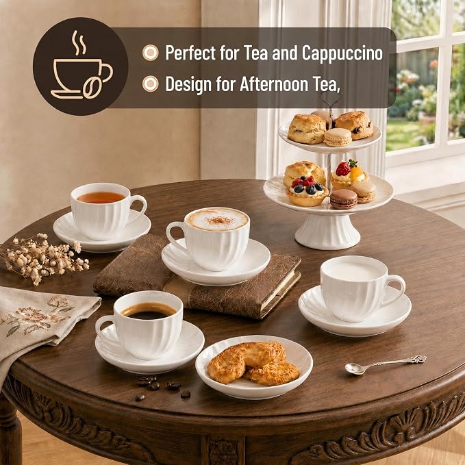 Fine Bone China Cappuccino Cups with Saucers Set of 4, 7 Oz Lightweight Coffee Tea Cups, Spiral Pattern Espresso Cups for Latte, Mocha, Macchiato, Afternoon Tea Gift