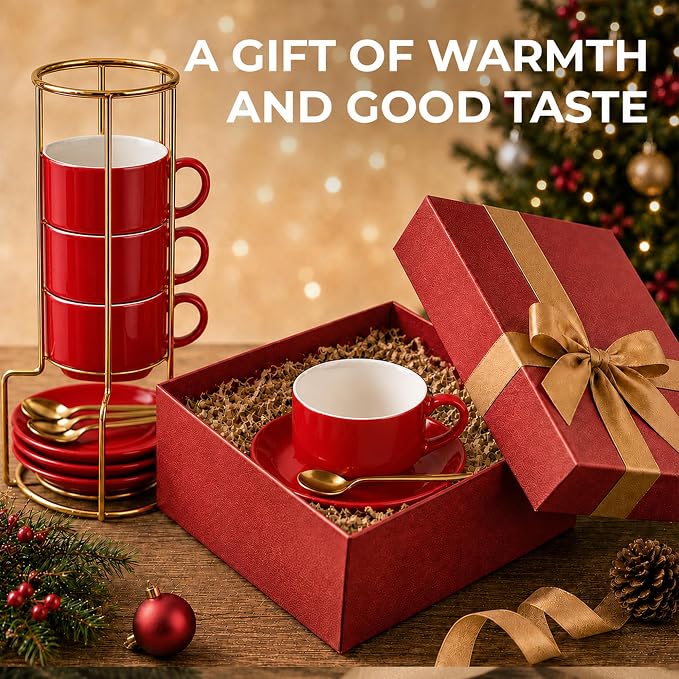 3 Ounce Espresso Cups Set of 4, Stackable Demitasse Mugs, Includes Display Stand, Cups Saucers, and Spoons, for Machines & Home Use, Red, Gold Tone