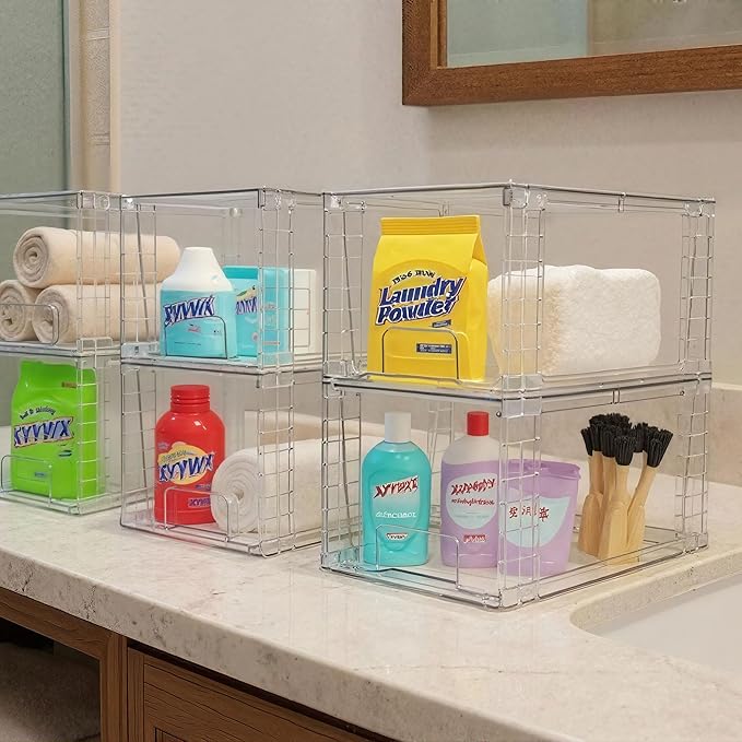 Medium Clear Stackable Storage Drawers (2 Pack), High-strength Acrylic Organizer Bins with Handles, Plastic Drawers for Fridge Bathroom Cabinet Closet Undersink Pantry Kitchen Makeup Storage