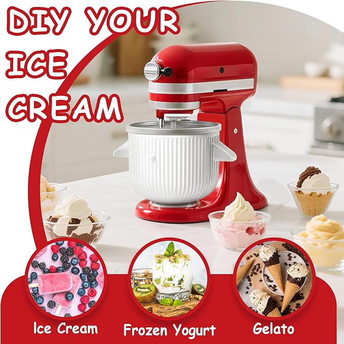 Ice Cream Maker Attachment for KitchenAid, Fits KitchenAid 4.5/5QT & 6QT Mixers, Frozen Ice Cream & Sorbet Gelato Maker, 2 Quart, White