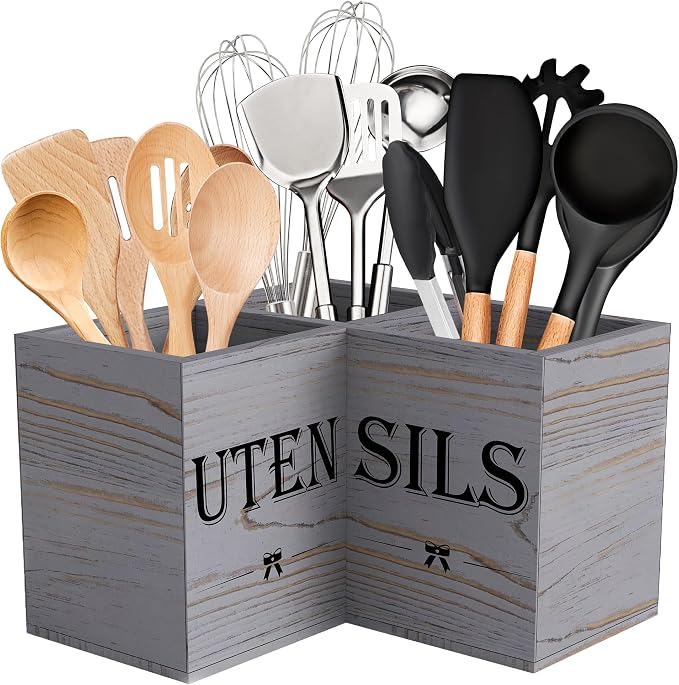 Suli Extra Large Kitchen Utensils Holder with 3 Compartments,Corner Shelf,Wooden Utensil Organizer for Kitchen Countertop, Farmhouse Decor, Rustic Cooking Utensil - Grey grain
