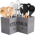 Suli Extra Large Kitchen Utensils Holder with 3 Compartments,Corner Shelf,Wooden Utensil Organizer for Kitchen Countertop, Farmhouse Decor, Rustic Cooking Utensil - Grey grain