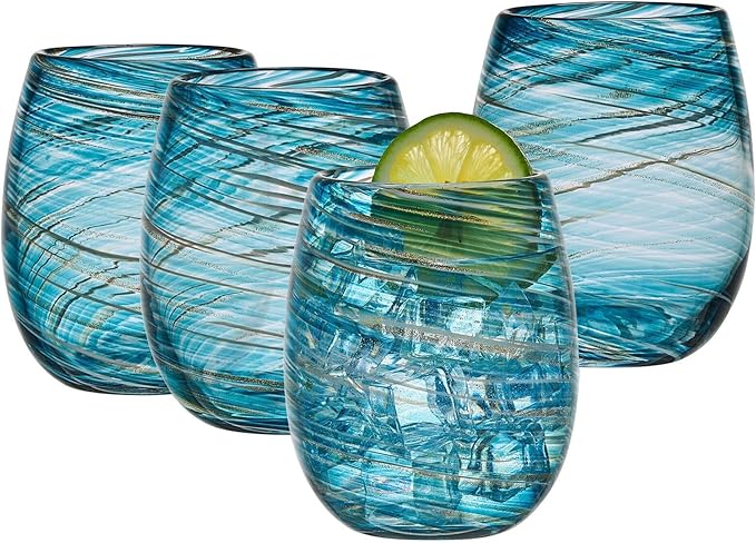 Mikasa Color Swirl Stemless Wine Glass, 4 Count (Pack of 1), Blue