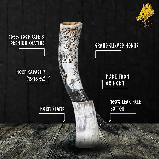FENRIR Viking Drinking Horns With Stand Leather Hoster | Thor Bottle Opener | Norse Medieval Authentic Ox Horn for Ale, Mead, Whiskey | Unique Gifts for Men | 16-20 oz Triple Horn of Odin