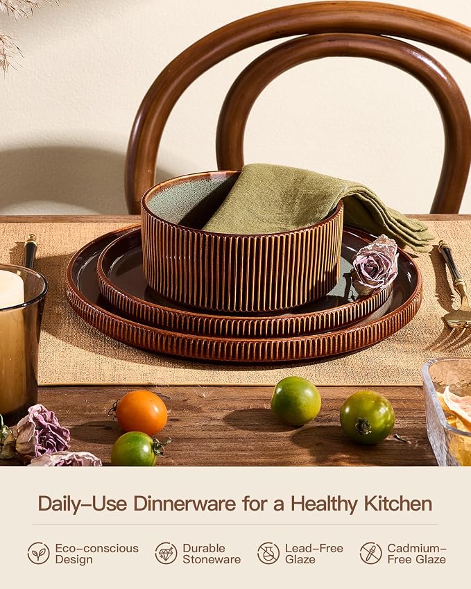 24-Piece Dinnerware Set Service for 8, Famiware Premium Stoneware Dish Set with Ribbed Plates and Deep Bowls, Double Reactive Glaze, Chip & Scratch Resistant, Microwave & Dishwasher Safe, Moss Cocoa