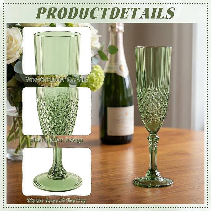 Plastic Champagne Flutes, Champagne Glasses Bulk, Reusable Unbreakable Acrylic Wine Glasses Goblets for Weddings Bachelor Parties Toasting Bridal Shower (12, Sage Green)