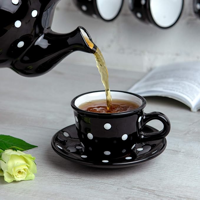 City to Cottage Handmade Black and White Polka Dot Ceramic 8.4oz/250ml | Cappuccino, Coffee, Tea Cup and Saucer, Unique Designer Pottery for Tea Lovers